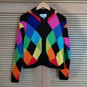 Vintage Hand Knit Cardigan Sweater Rainbow Zip Up Marisa Christina L